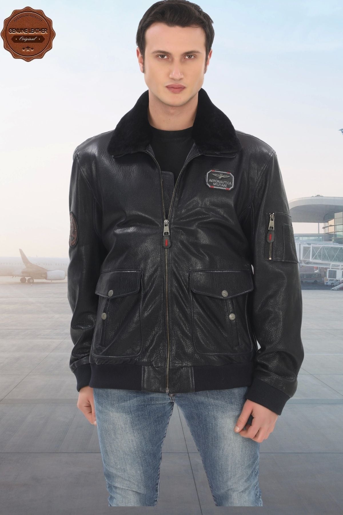 Men's Bomber Jacket Black Genuine Lambskin Aviator Pilot Coat Fur Collar Winter