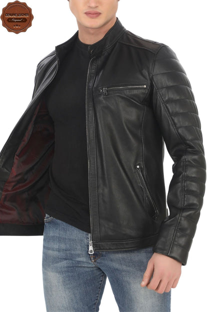 Men's Genuine Lambskin Jacket Black Biker Coat Quilted Sleeve Slim Fit Handmade Stylish Leather Jacket