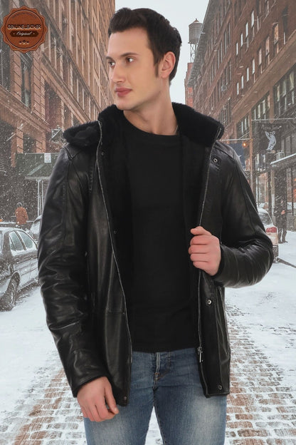 Men's Genuine Lambskin Winter Coat, Fur and Hooded Black Leather Jacket, Suitable for Cold Weather