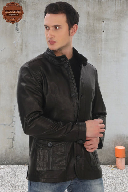 Men's Genuine Lambskin Jacket Black Stylish and Classic Leather Coat Buttoned and Zippered Modern Design