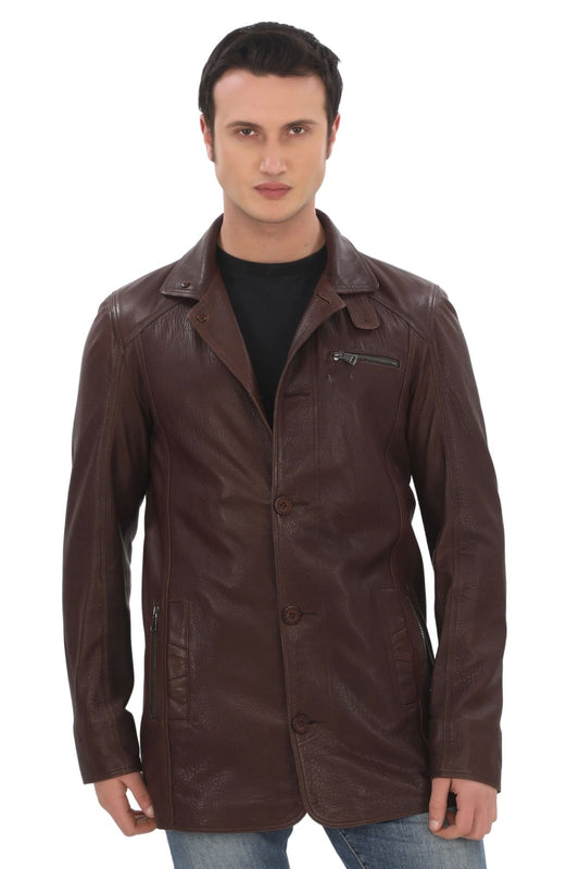 Men's Genuine Lambskin Jacket Classic Collar Brown Buttoned Leather Coat Stylish and Durable Men's Winter Jacket