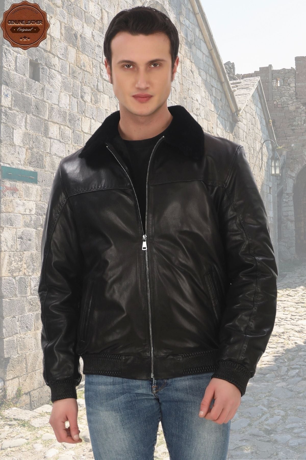 Men's Genuine Lambskin Coat Black Fur Bomber Leather Jacket Winter Warm and Stylish Outerwear