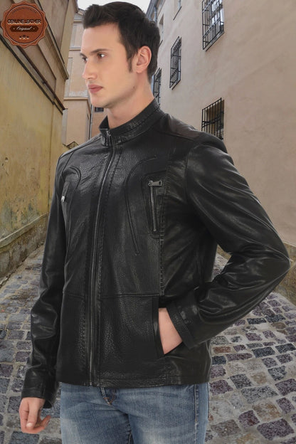 Men's Genuine Leather Jacket Black Lambskin Leather Jacket Zipper Pocket Handmade Biker Style Slim Fit