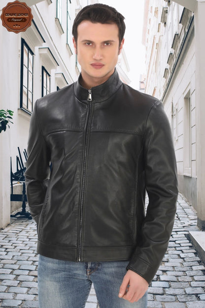 Men's Stand Collar Genuine Lambskin Jacket Black Zippered Stylish Leather Coat for Daily and Business Use