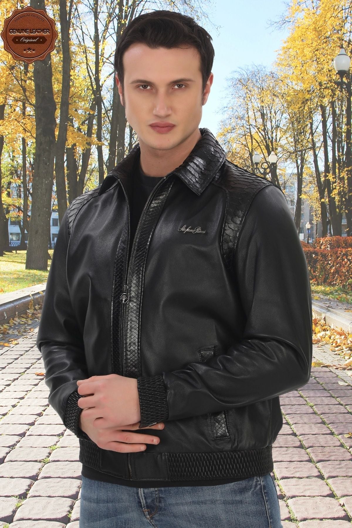 Genuine Lambskin Bomber Jacket Snakeskin Detailed Zippered Leather Jacket Stylish and Comfortable Daily Leather Jacket