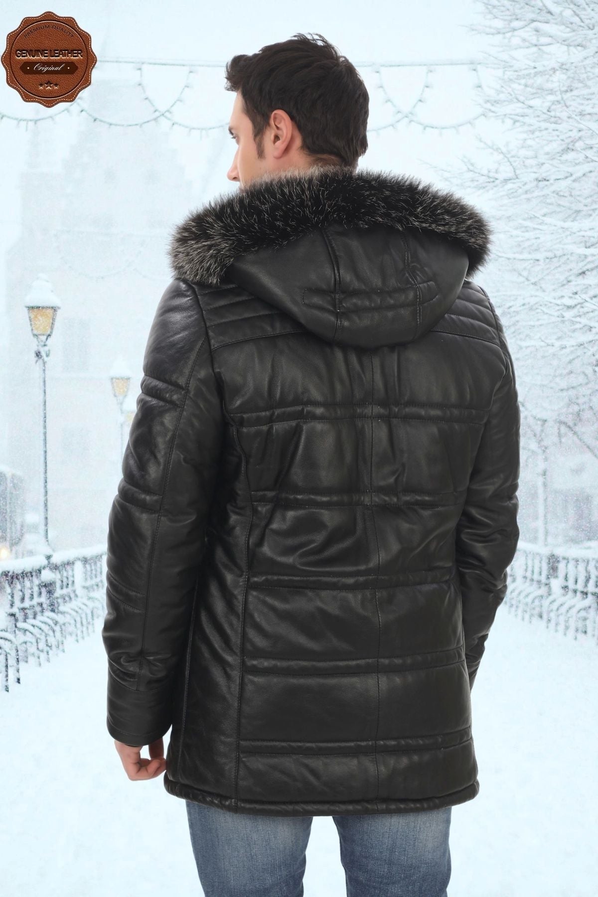 Men's Genuine Lambskin Winter Parka Hooded Fur Leather Coat Puffer Jacket Real Leather Coat