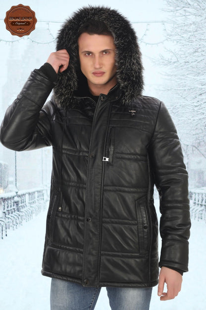 Men's Genuine Lambskin Winter Parka Hooded Fur Leather Coat Puffer Jacket Real Leather Coat