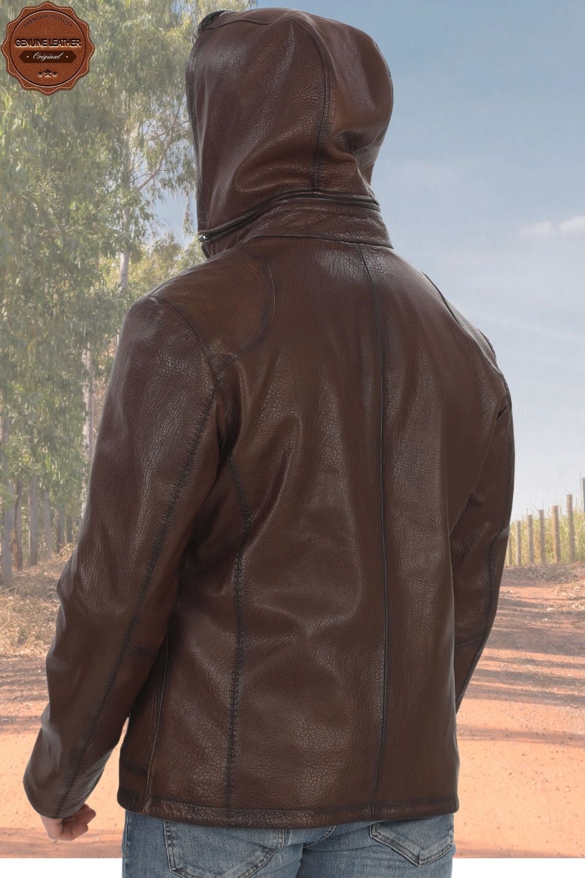 Men's Removable Hooded Genuine Lambskin Jacket Brown Zippered Casual Leather Coat