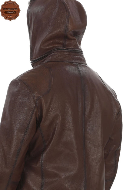 Men's Removable Hooded Genuine Lambskin Jacket Brown Zippered Casual Leather Coat