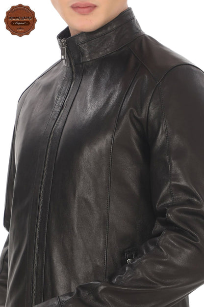 Men's Genuine Lambskin Coat Slim Fit Black Biker Jacket Zipper Stand Collar Leather Outerwear