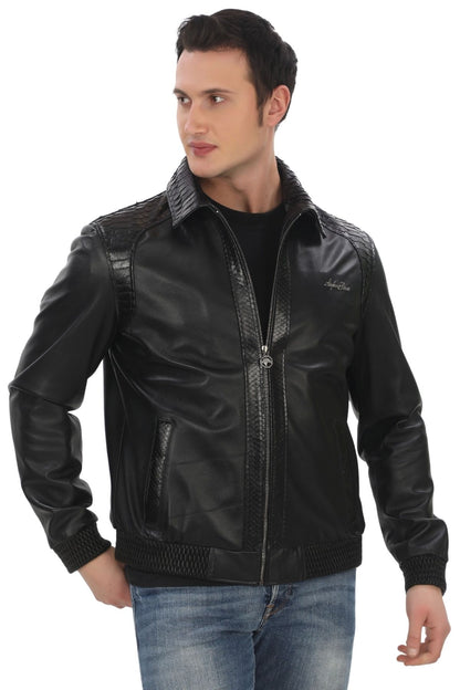 Genuine Lambskin Bomber Jacket Snakeskin Detailed Zippered Leather Jacket Stylish and Comfortable Daily Leather Jacket