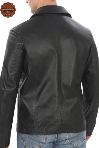 Men's Genuine Lambskin Jacket Stylish Black Zippered Leather Coat Classic Straight Collar Handmade Leather Jacket