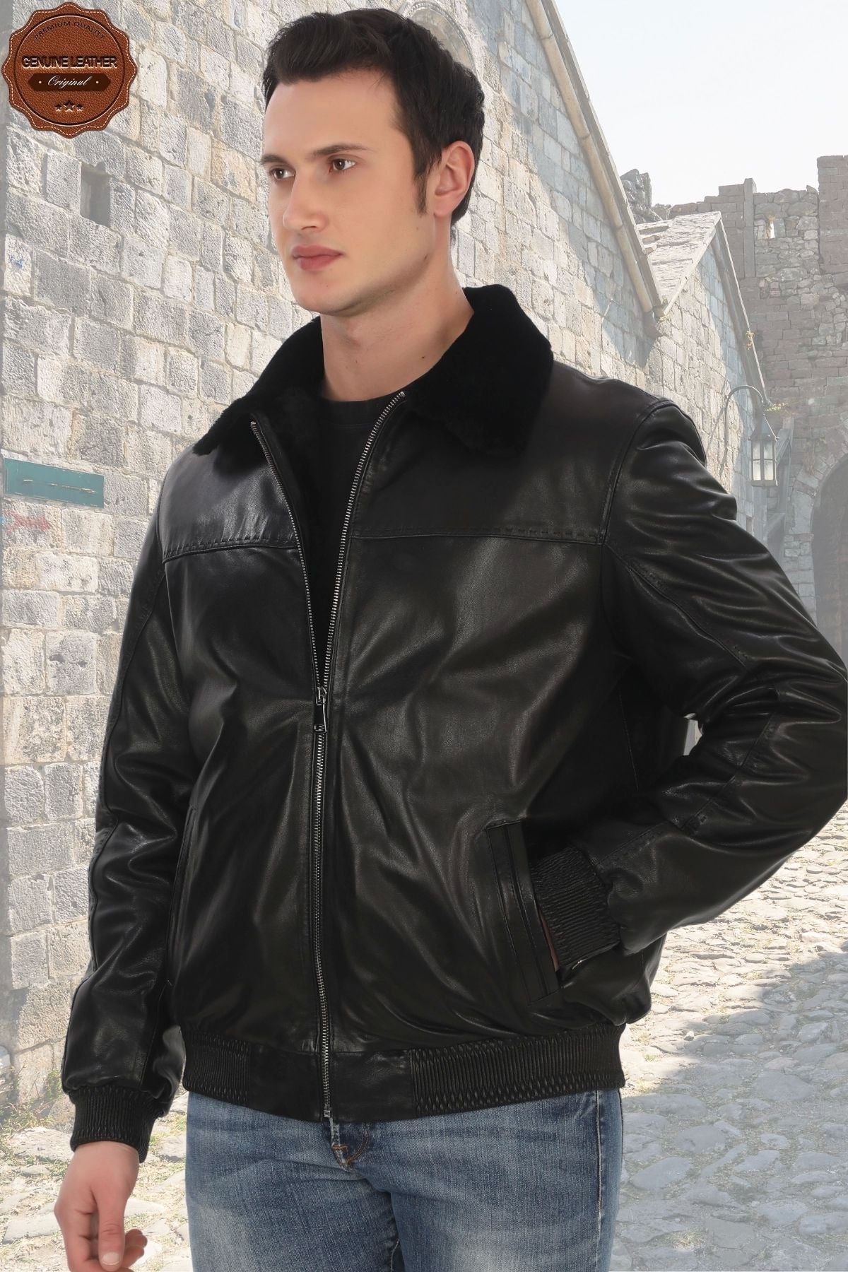 Men's Genuine Lambskin Coat Black Fur Bomber Leather Jacket Winter Warm and Stylish Outerwear