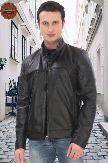 Men's Stand Collar Genuine Lambskin Jacket Black Zippered Stylish Leather Coat for Daily and Business Use