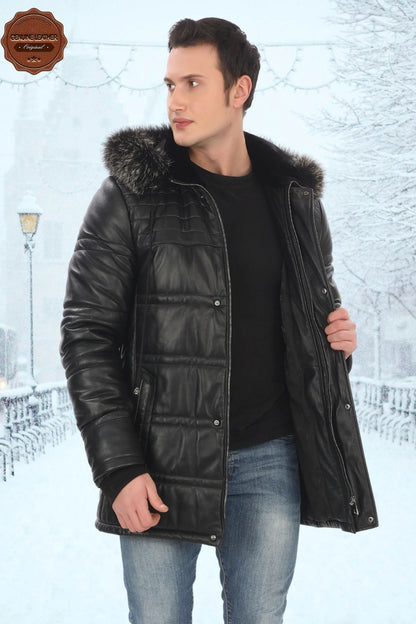 Men's Genuine Lambskin Winter Parka Hooded Fur Leather Coat Puffer Jacket Real Leather Coat