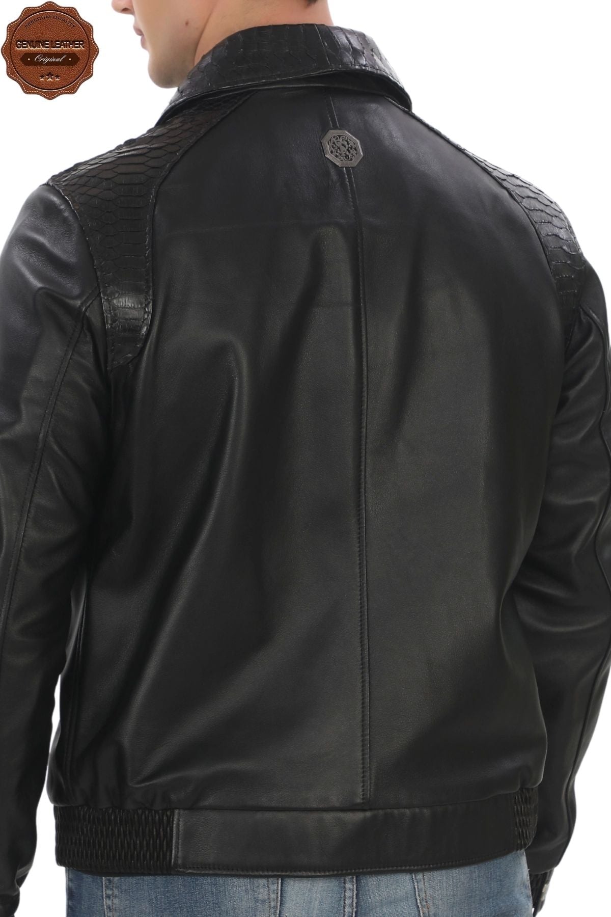 Genuine Lambskin Bomber Jacket Snakeskin Detailed Zippered Leather Jacket Stylish and Comfortable Daily Leather Jacket