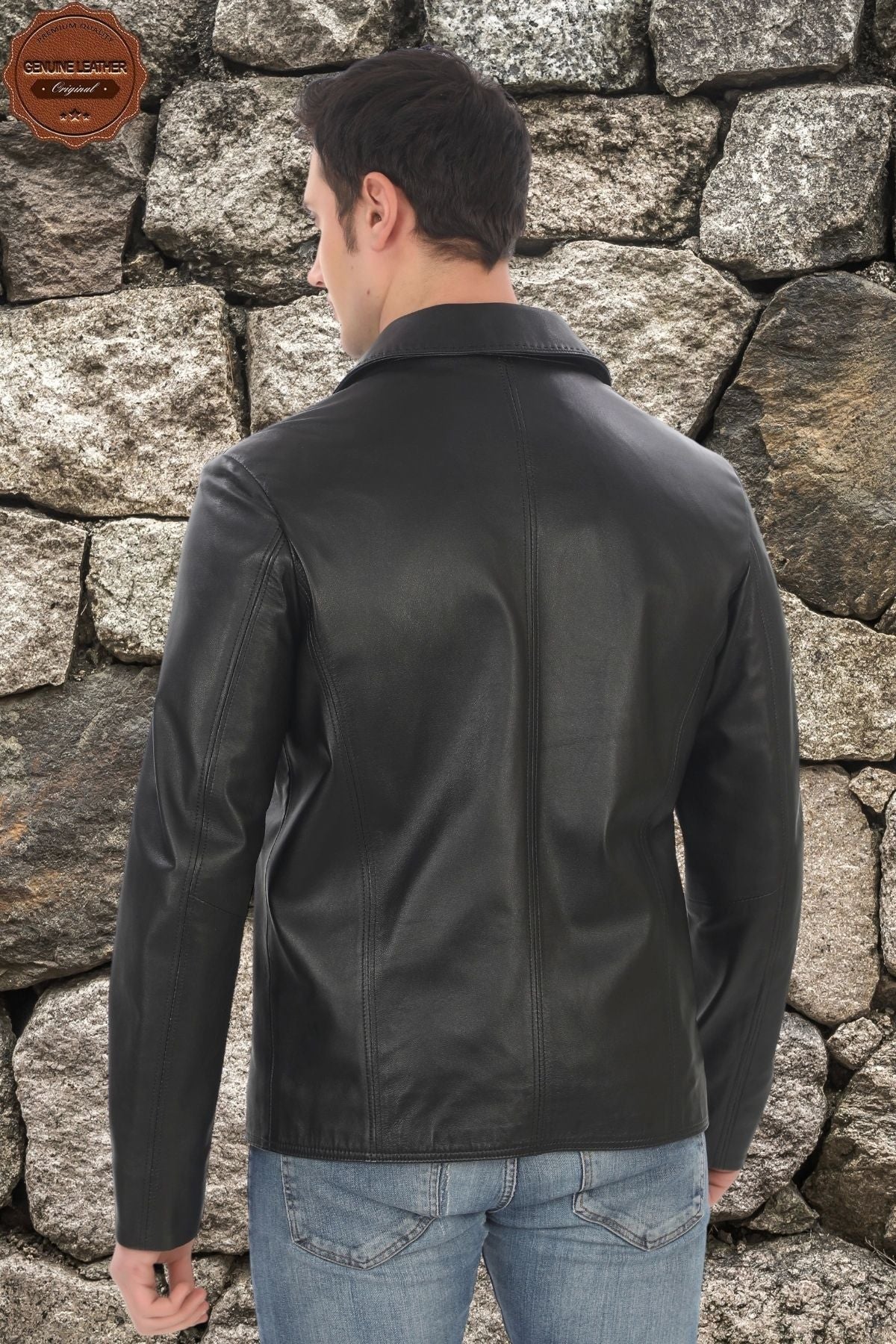 Men's Genuine Lambskin Jacket Stylish Black Zippered Leather Coat Classic Straight Collar Handmade Leather Jacket