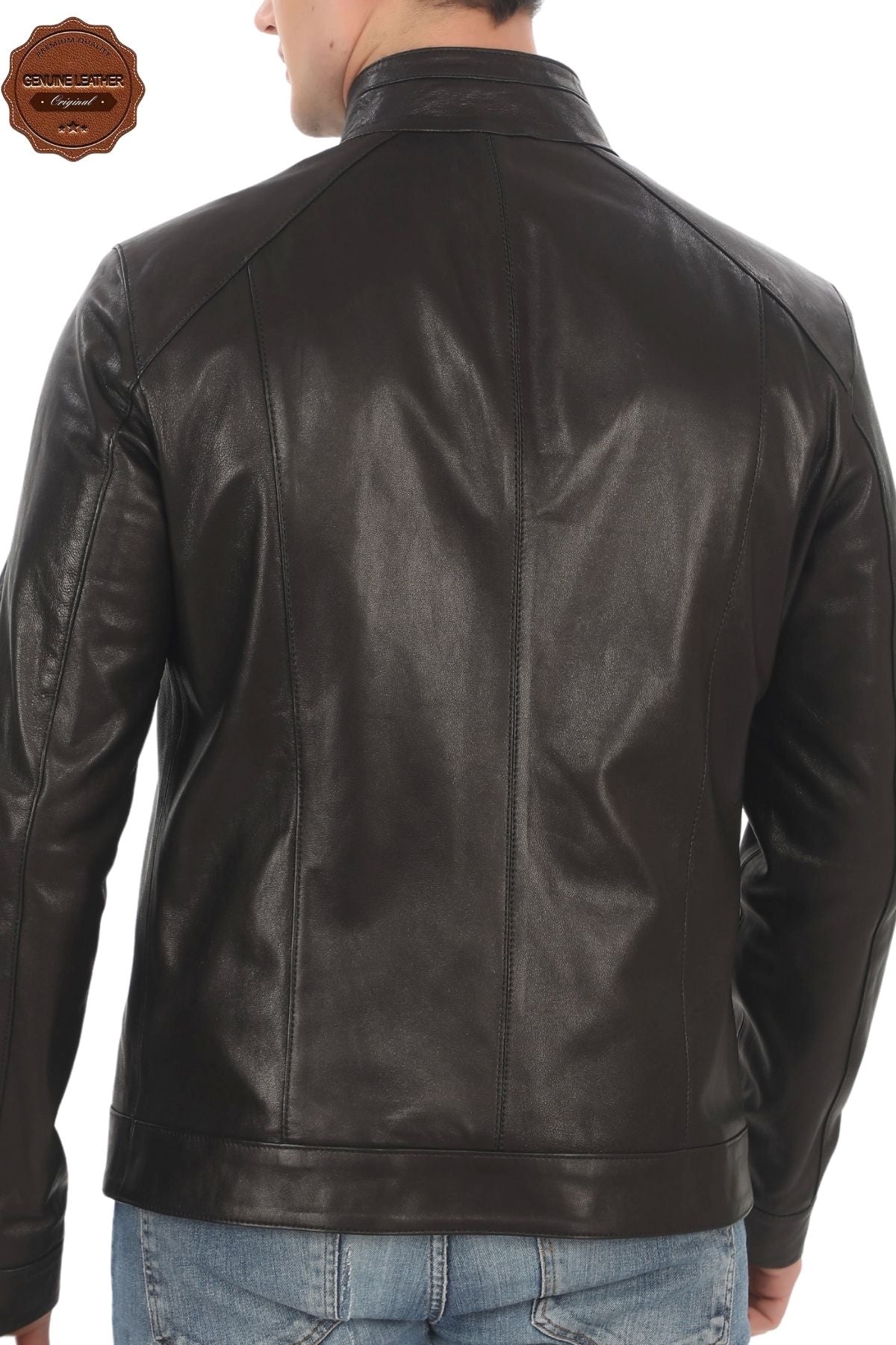 Men's Genuine Lambskin Coat Slim Fit Black Biker Jacket Zipper Stand Collar Leather Outerwear