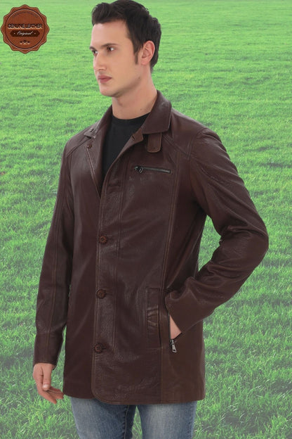 Men's Genuine Lambskin Jacket Classic Collar Brown Buttoned Leather Coat Stylish and Durable Men's Winter Jacket