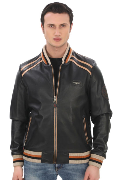 Men's Genuine Lambskin Bomber Jacket Stripe Detail Stylish Black Varsity Derimont Handmade Comfortable Jacket