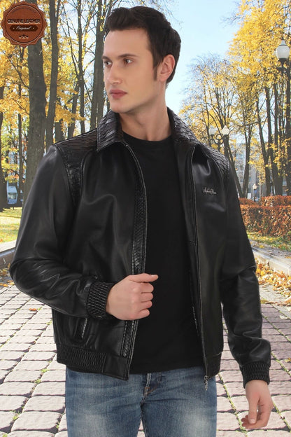 Genuine Lambskin Bomber Jacket Snakeskin Detailed Zippered Leather Jacket Stylish and Comfortable Daily Leather Jacket