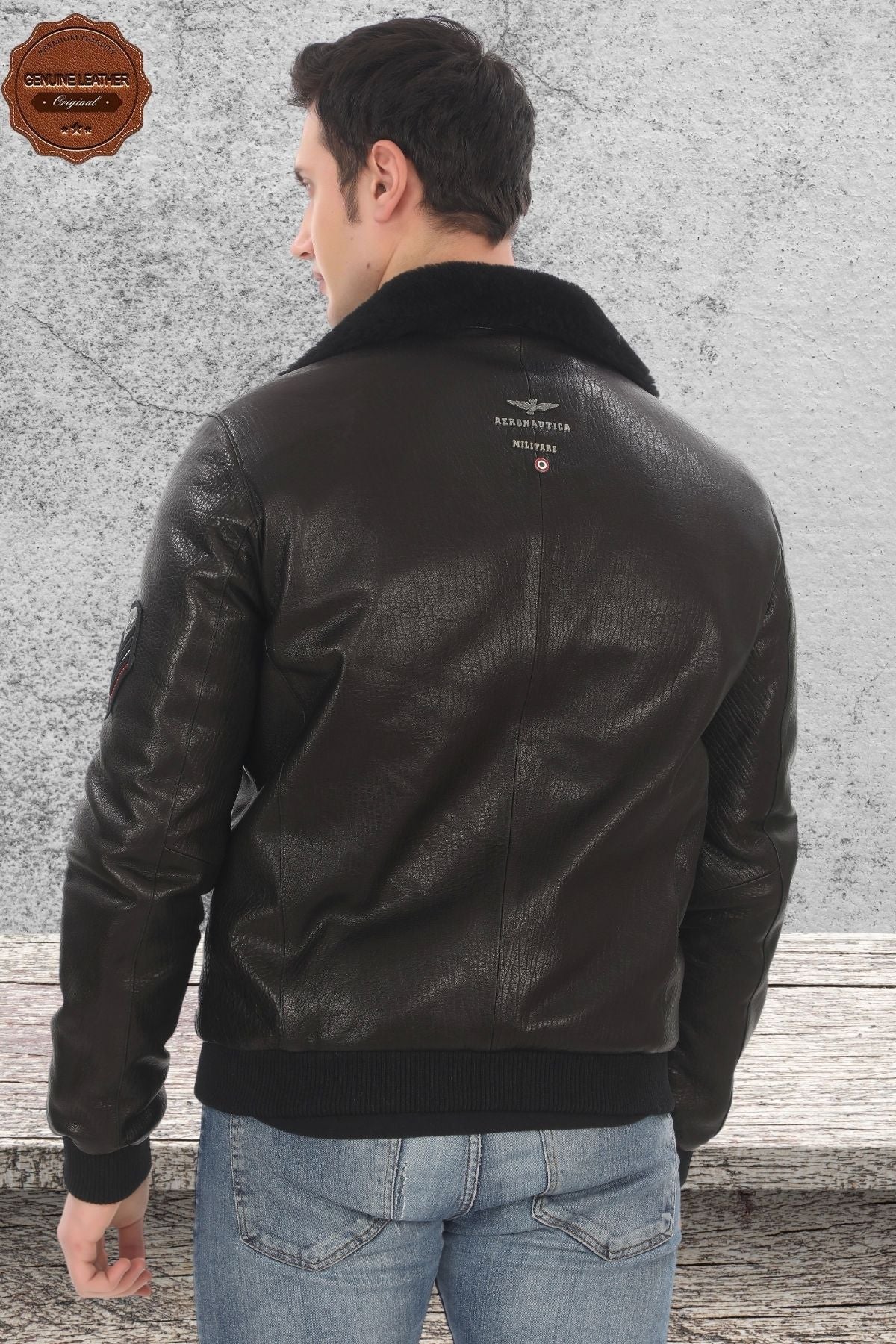 Men's Genuine Lambskin Bomber Jacket Black Zippered Fur Collar Coat Winter Leather Pilot Outerwear