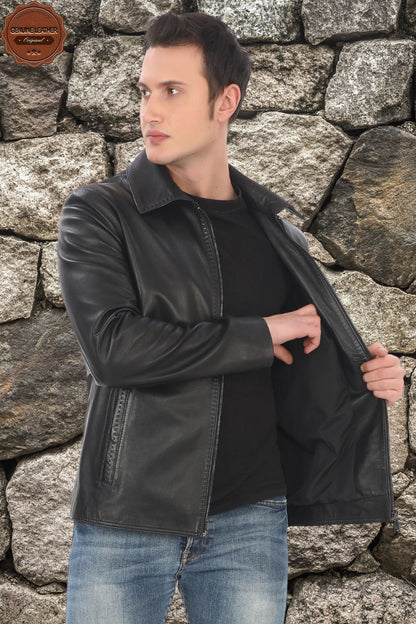 Men's Genuine Lambskin Jacket Stylish Black Zippered Leather Coat Classic Straight Collar Handmade Leather Jacket