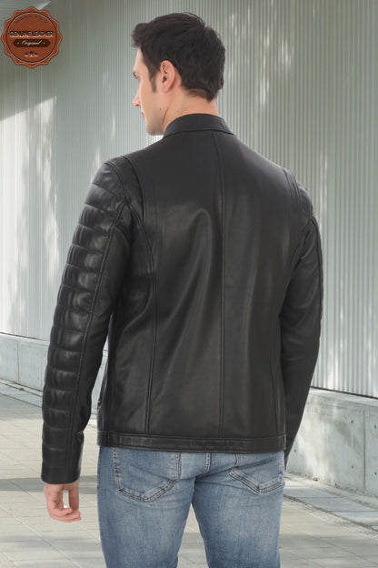 Men's Genuine Lambskin Jacket Black Biker Coat Quilted Sleeve Slim Fit Handmade Stylish Leather Jacket