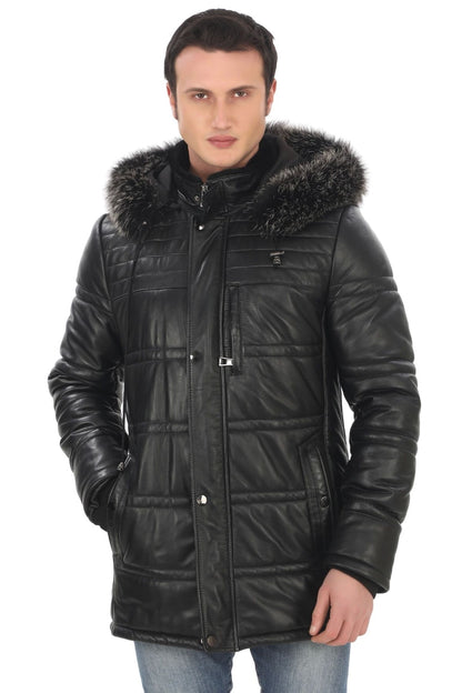 Men's Genuine Lambskin Winter Parka Hooded Fur Leather Coat Puffer Jacket Real Leather Coat