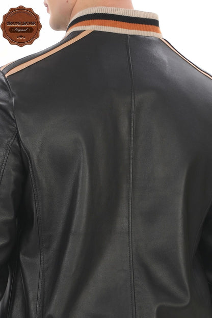 Men's Genuine Lambskin Bomber Jacket Stripe Detail Stylish Black Varsity Derimont Handmade Comfortable Jacket