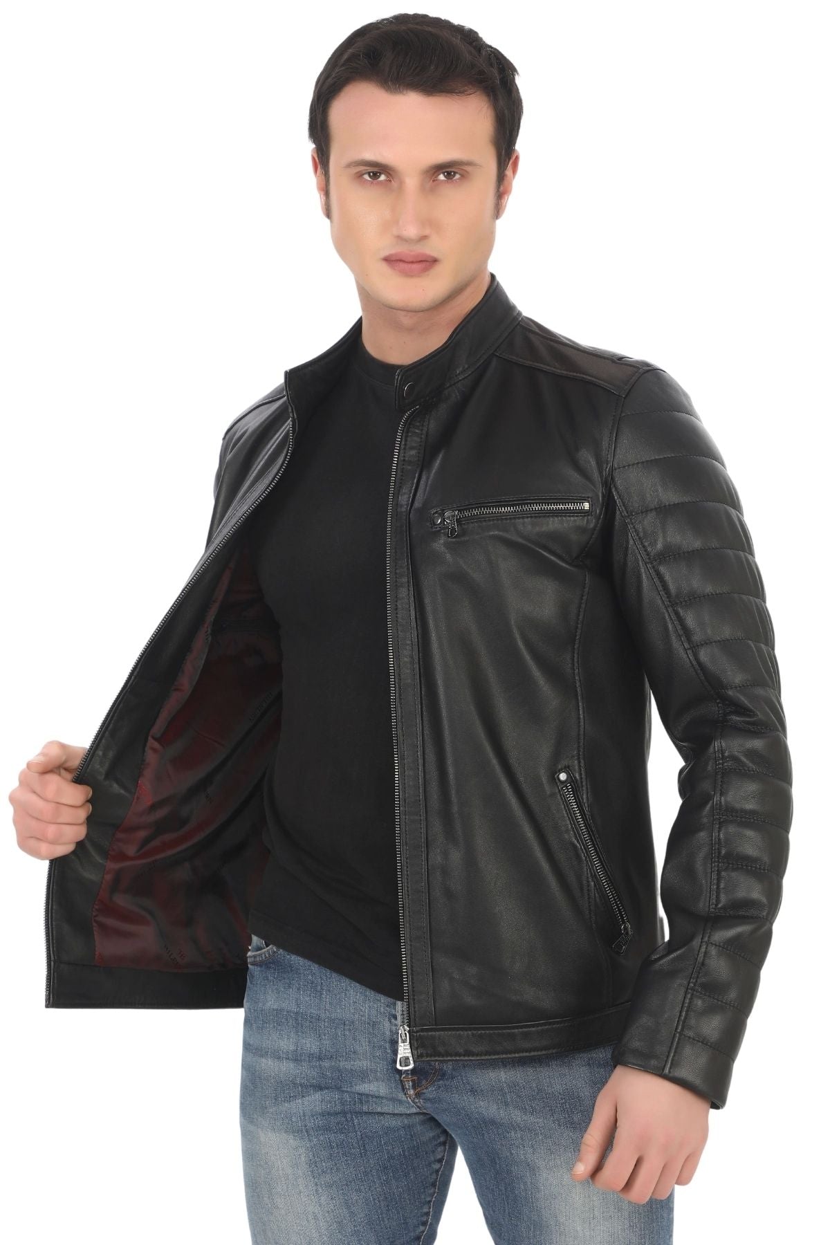 Men's Genuine Lambskin Jacket Black Biker Coat Quilted Sleeve Slim Fit Handmade Stylish Leather Jacket