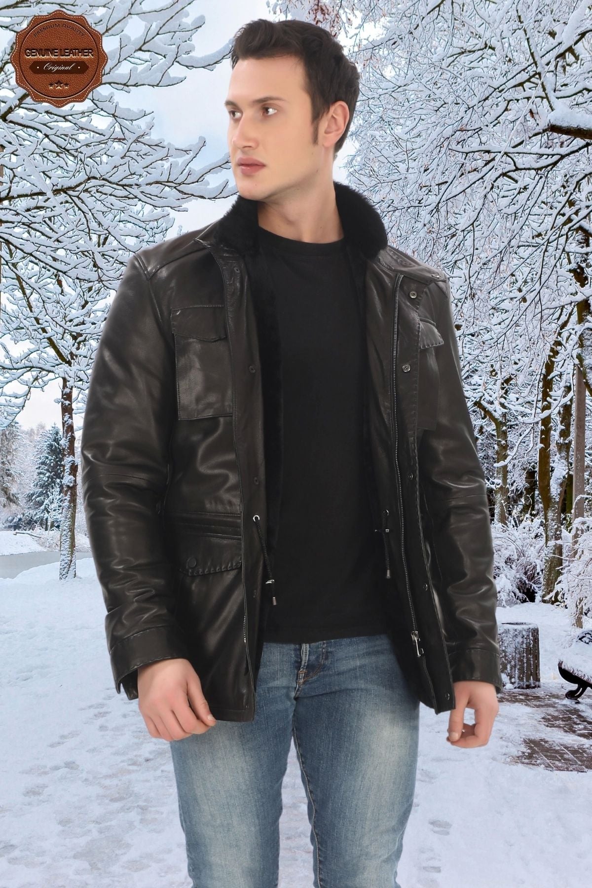 Men's Genuine Lambskin Winter Coat Furry Black Leather Jacket Stylish Design Suitable for Cold Weather