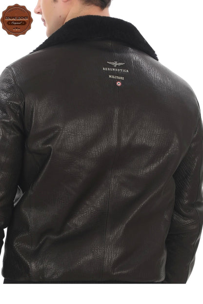 Men's Genuine Lambskin Bomber Jacket Black Zippered Fur Collar Coat Winter Leather Pilot Outerwear