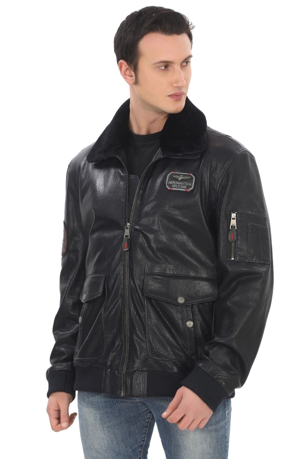 Men's Bomber Jacket Black Genuine Lambskin Aviator Pilot Coat Fur Collar Winter