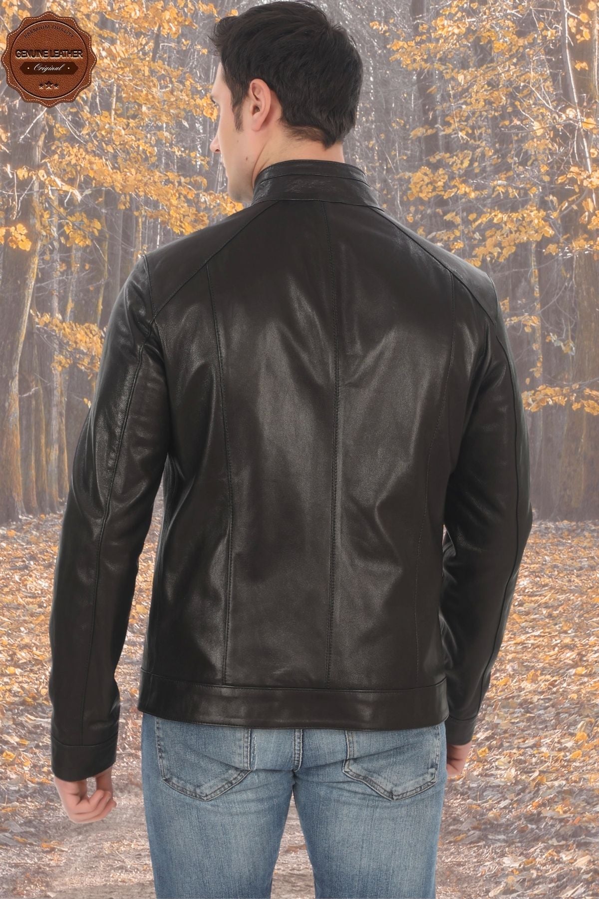 Men's Genuine Lambskin Coat Slim Fit Black Biker Jacket Zipper Stand Collar Leather Outerwear