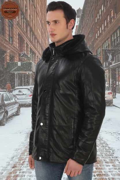 Men's Genuine Lambskin Winter Coat, Fur and Hooded Black Leather Jacket, Suitable for Cold Weather