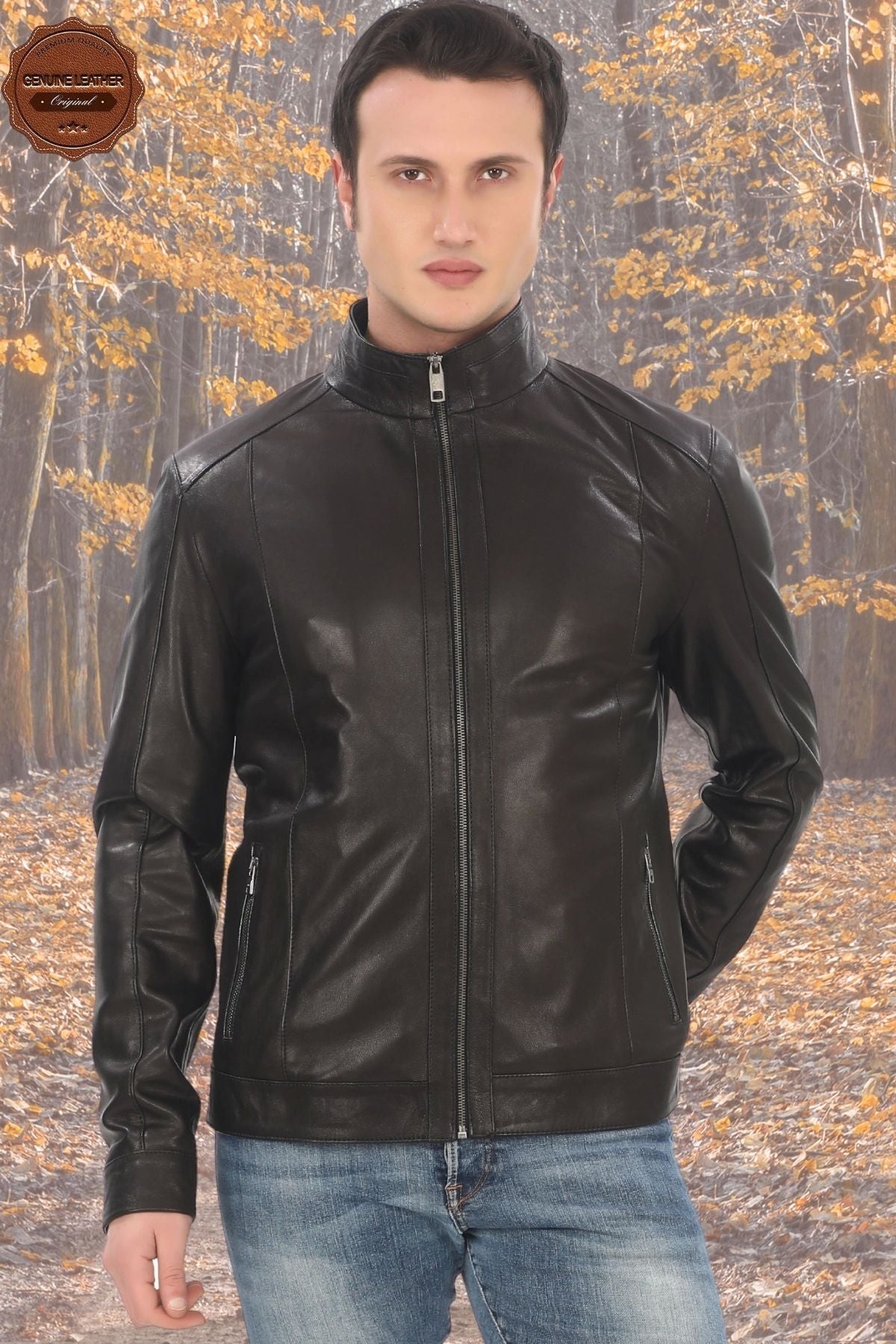 Men's Genuine Lambskin Coat Slim Fit Black Biker Jacket Zipper Stand Collar Leather Outerwear