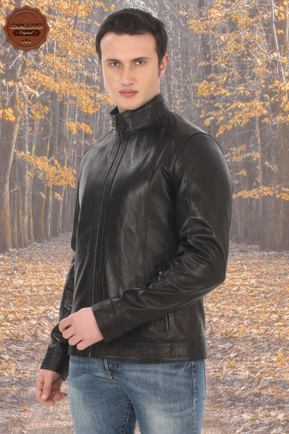 Men's Genuine Lambskin Coat Slim Fit Black Biker Jacket Zipper Stand Collar Leather Outerwear