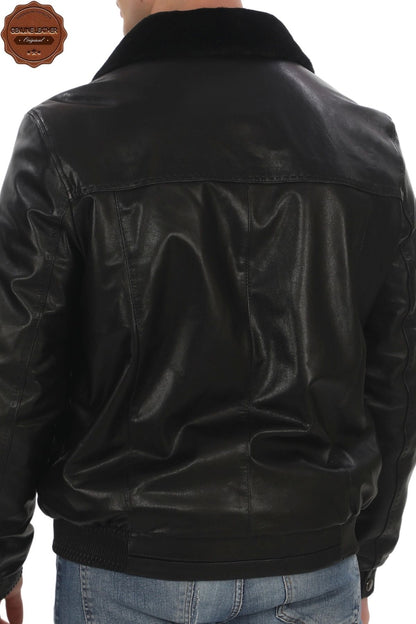 Men's Genuine Lambskin Coat Black Fur Bomber Leather Jacket Winter Warm and Stylish Outerwear