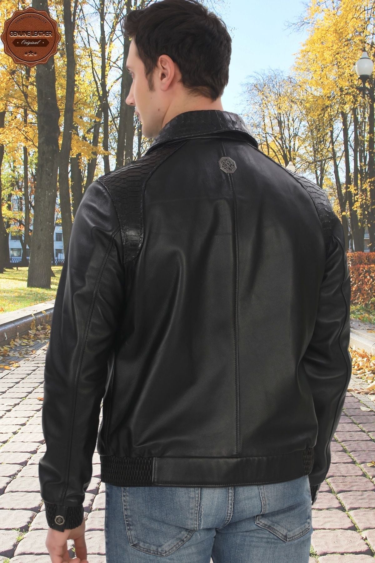 Genuine Lambskin Bomber Jacket Snakeskin Detailed Zippered Leather Jacket Stylish and Comfortable Daily Leather Jacket