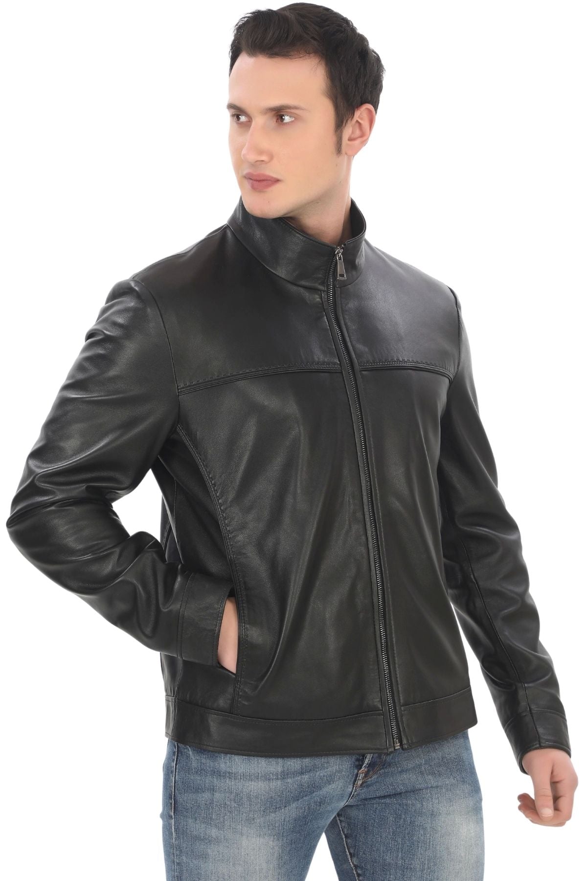 Men's Stand Collar Genuine Lambskin Jacket Black Zippered Stylish Leather Coat for Daily and Business Use