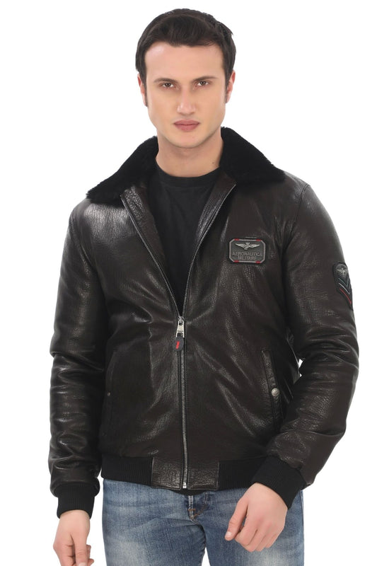 Men's Genuine Lambskin Bomber Jacket Black Zippered Fur Collar Coat Winter Leather Pilot Outerwear