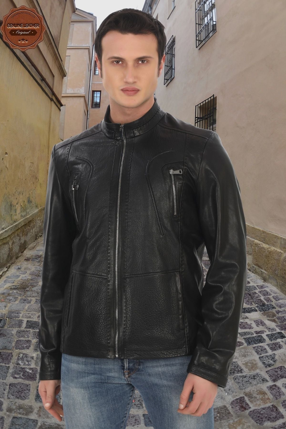 Men's Genuine Leather Jacket Black Lambskin Leather Jacket Zipper Pocket Handmade Biker Style Slim Fit