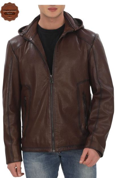 Men's Removable Hooded Genuine Lambskin Jacket Brown Zippered Casual Leather Coat