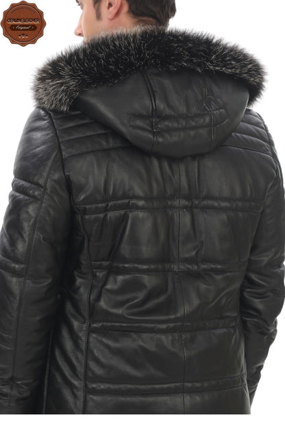 Men's Genuine Lambskin Winter Parka Hooded Fur Leather Coat Puffer Jacket Real Leather Coat