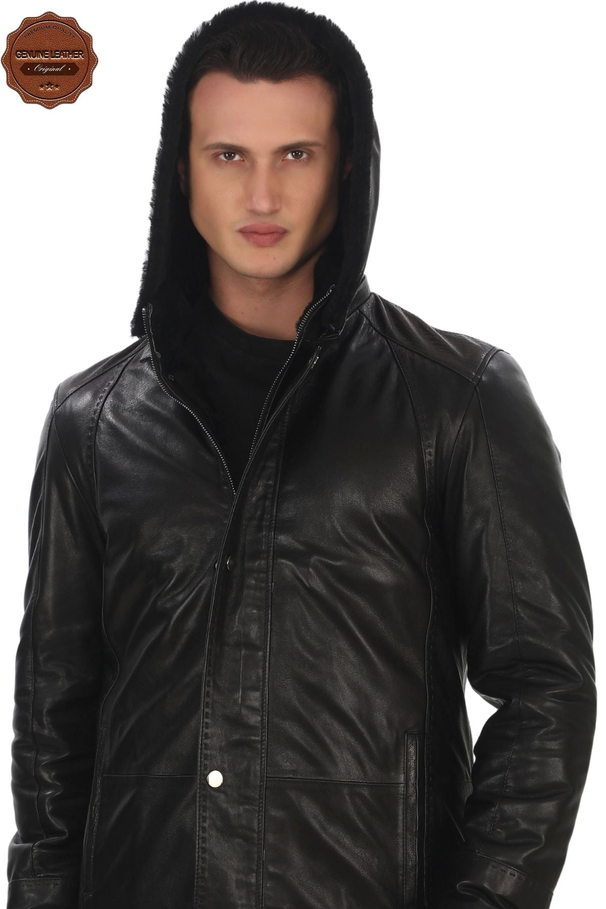 Men's Genuine Lambskin Winter Coat, Fur and Hooded Black Leather Jacket, Suitable for Cold Weather