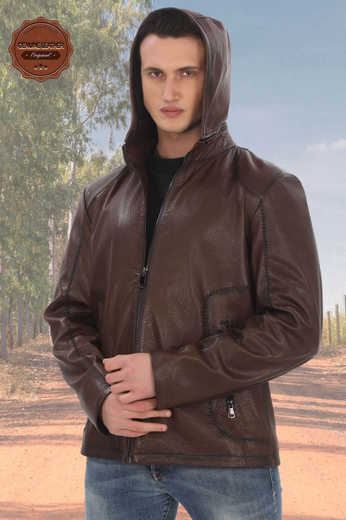 Men's Removable Hooded Genuine Lambskin Jacket Brown Zippered Casual Leather Coat