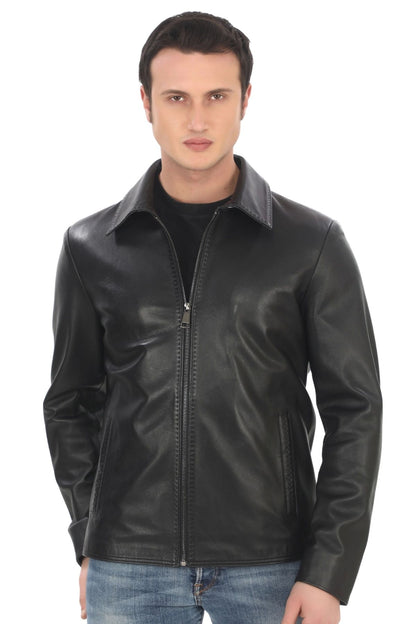 Men's Genuine Lambskin Jacket Stylish Black Zippered Leather Coat Classic Straight Collar Handmade Leather Jacket