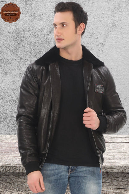 Men's Genuine Lambskin Bomber Jacket Black Zippered Fur Collar Coat Winter Leather Pilot Outerwear