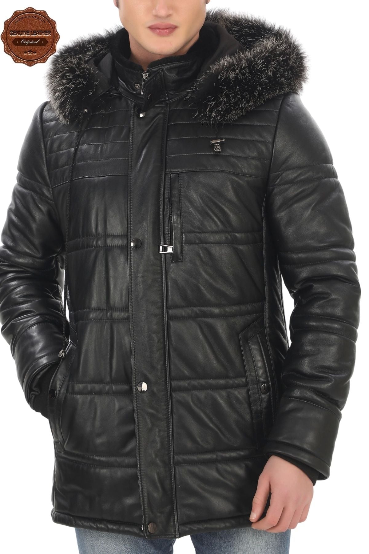 Men's Genuine Lambskin Winter Parka Hooded Fur Leather Coat Puffer Jacket Real Leather Coat